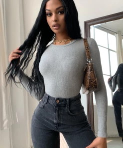 Lorlie TOPS HAVE MY LOVE LONG SLEEVE GREY BODYSUIT