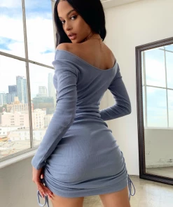 Lorlie SWEET LOVER DUSTY BLUE RUCHED DRESS DRESSES