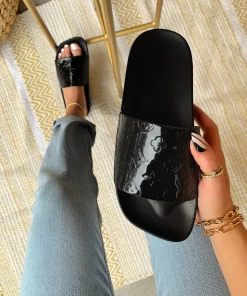 Lorlie TROPIC NIGHTS BLACK GLOSSY SLIDE SHOES