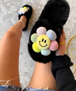 Lorlie RAINBOW FLOWER BLACK SLIPPER